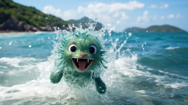 Foto un animale peloso verde in acqua