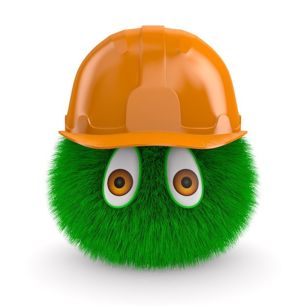 Green furry monster in orange hard hat on white background. Isolated 3d illustration