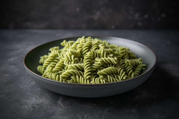 灰色の背景に皿に入った緑のフジッリ パスタ