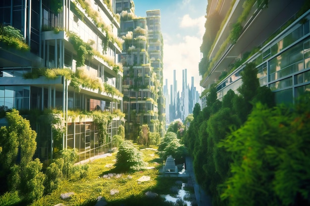 The green futuristic city is a bustling metropolis where towering buildings are adorned with vertical gardens purifying the air and providing a sanctuary for local wildlife