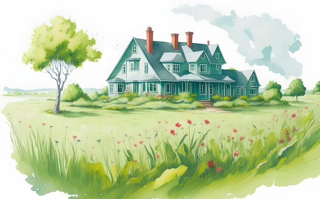 Green gables house with a field of flowers on the hill watercolor vintage illustration