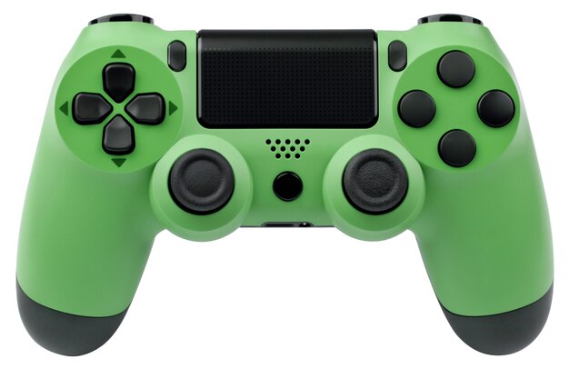 Green gaming controller on white background