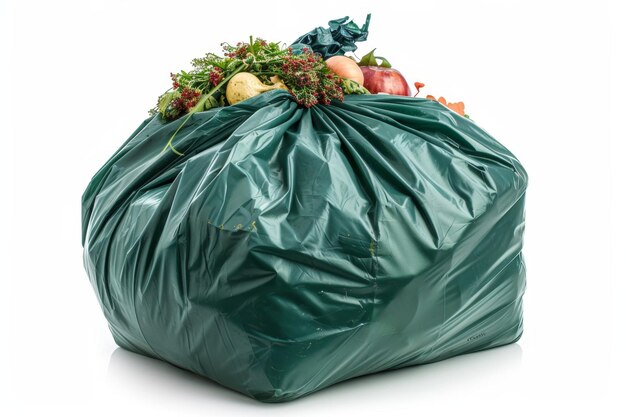 A green garbage bag full of garbage stands on a white isolated background