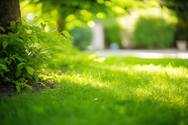 Green garden grass in spring springtime in the background and tree leaves