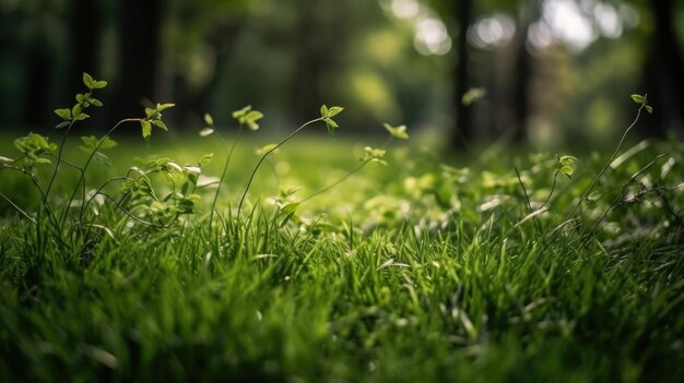 春の緑の庭の草 背景の春と木の葉