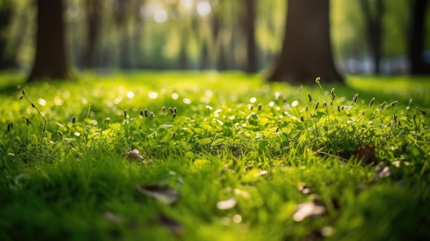 Green garden grass in spring springtime in the background and tree leaves