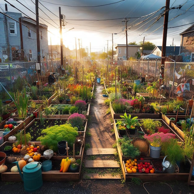 Photo green garden in middle city town sunset