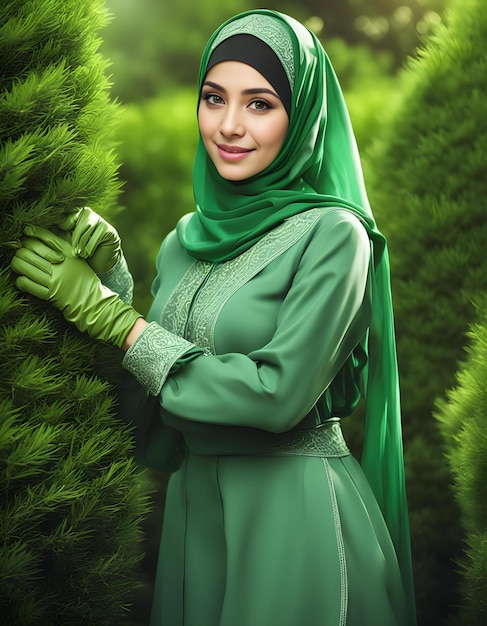 Photo green garden portrait muslim girl among trees