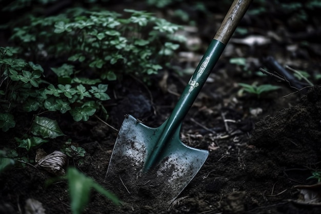 Зеленая садовая лопата застряла в земле