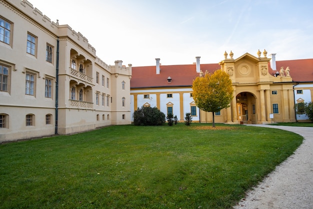 Green gardens in Lednice castle Chateau yard in Moravia, Czech Republic. UNESCO World Heritage Site.