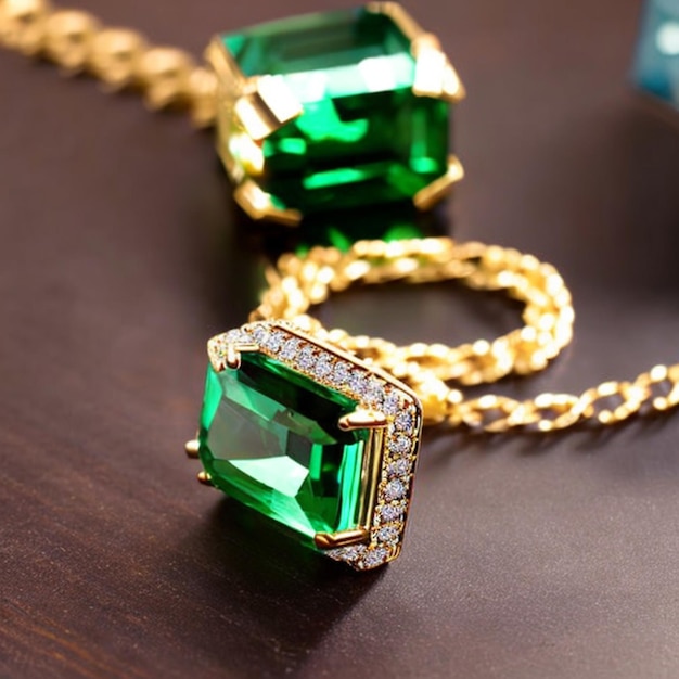 A green gem necklace with diamonds and a gold chain.