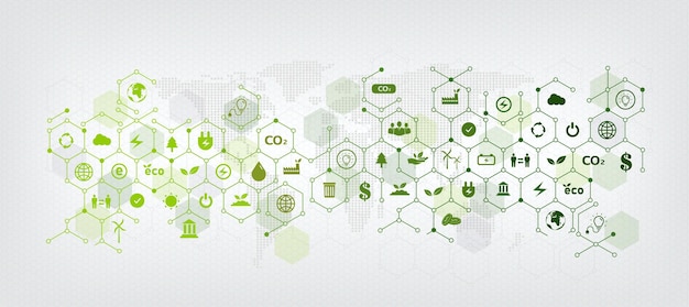 Modello di business geometrico verde e sfondo per il concetto di sostenibilità eco relativo alla protezione ambientale con icone piatte esg.