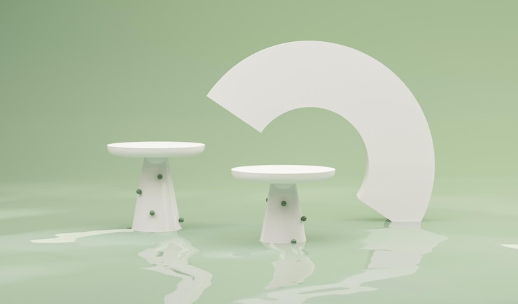 Photo green geometric pedestal podium on water surface.3d render