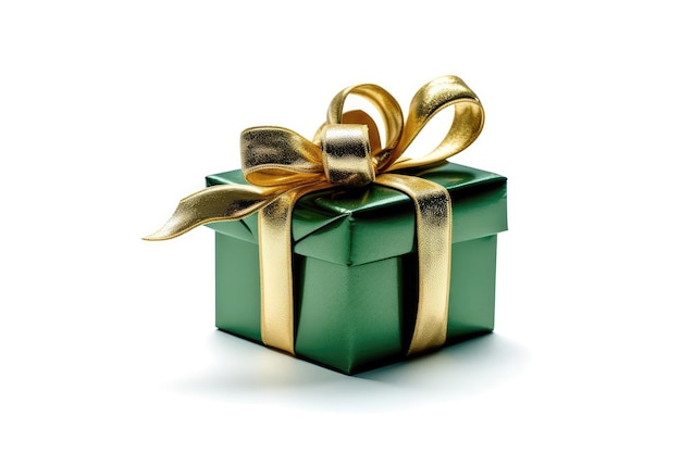 Green Gift Box With Gold Ribbon On White Background Generative AI