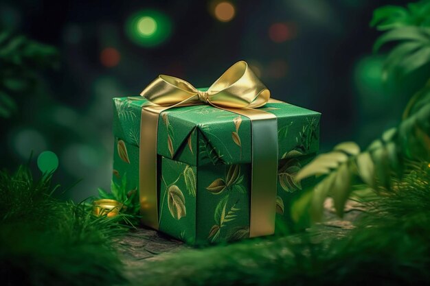 Photo green gift box with ribbon and bow for man and boyholiday gift with birthday or christmas present