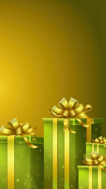 Зеленые подарочные коробки с золотым бантом сверху и желтым фоном.