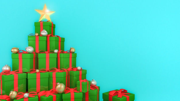 Зеленые подарочные коробки с красными лентами выложены в форме рождественской елки с синим фоном., 3D-рендеринг.