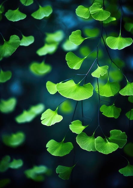 Green Ginkgo biloba leaves on dark background nature Generative Ai