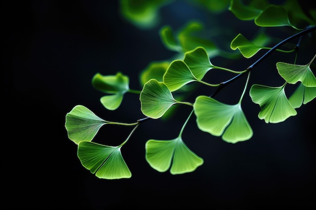 Green Ginkgo biloba leaves on dark background nature Generative Ai