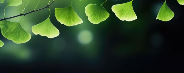 Green ginkgo biloba leaves on dark background nature panorama generative ai