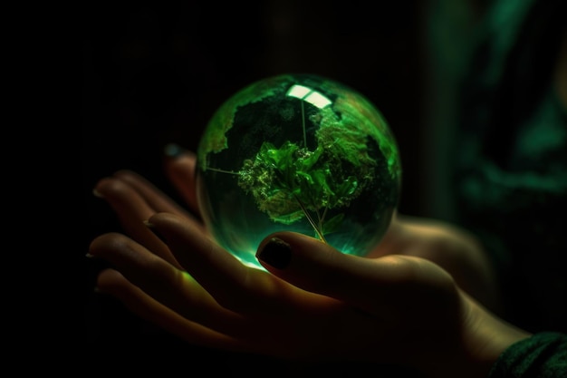 A green glass ball in a dark room