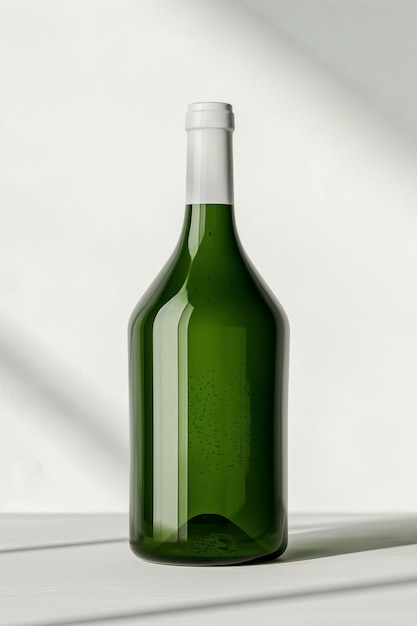 a green glass bottle sitting on a table