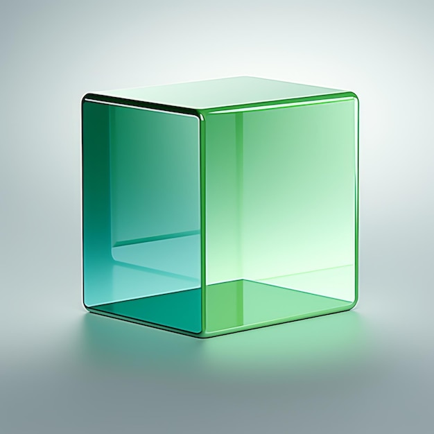 a green glass cube sitting on top of a white surface