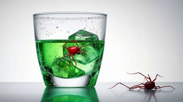 A green glass of green cocktail with a red spider on it