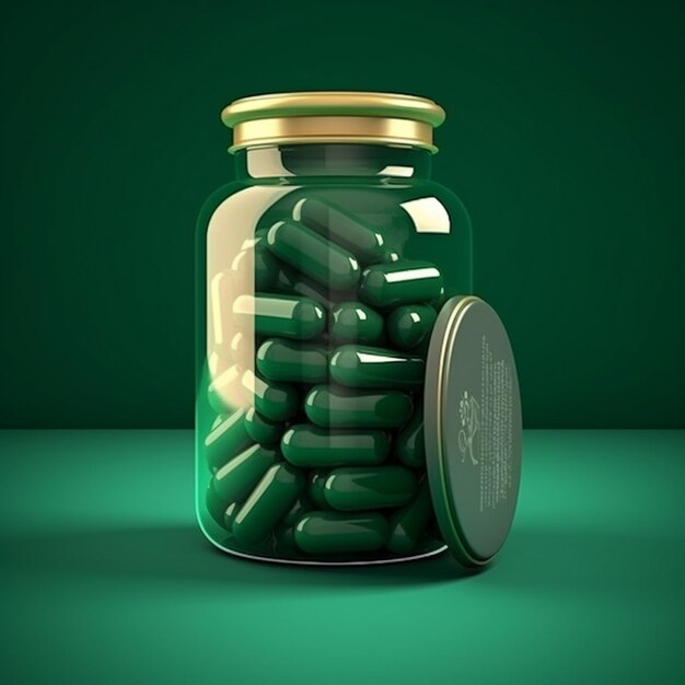 a green glass jar with pills inside of it.