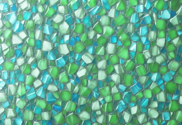 A green glass mosaic with a blue background