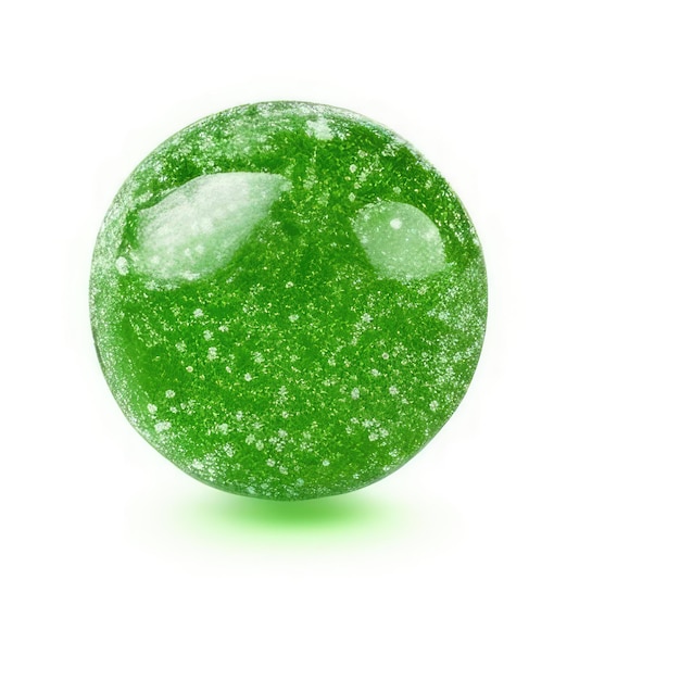 A green glass object with a white background and the bubbles in the center.