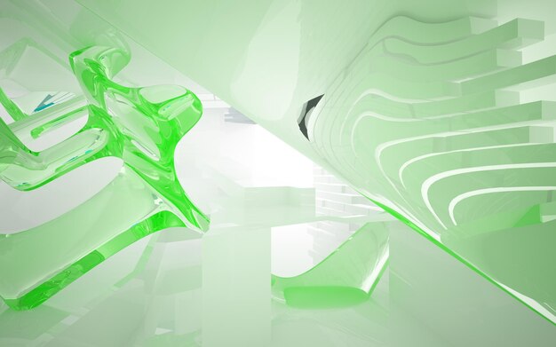 Green glass pieces on a white floor