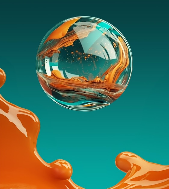 green glass sphere on a orange liquid