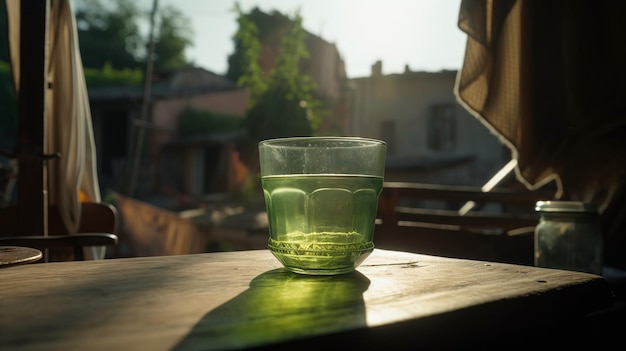 A green glass of water sits on a table in a balcony.