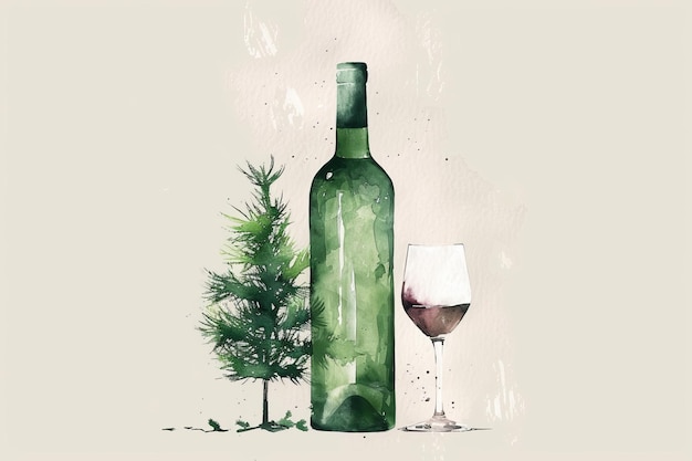Photo green glass wine bottle design 2d logo with pine tree
