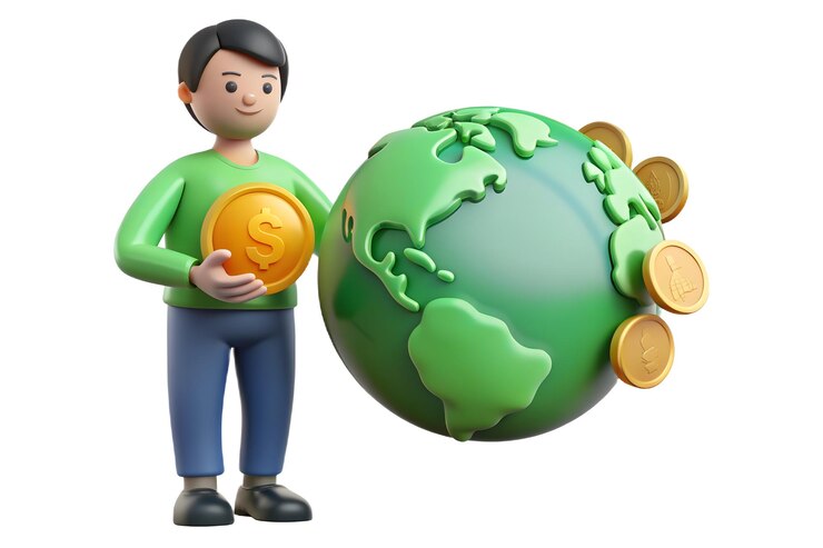 फोटो green globe and coins symbolize sustainable finance and global economic health in flat vector illust