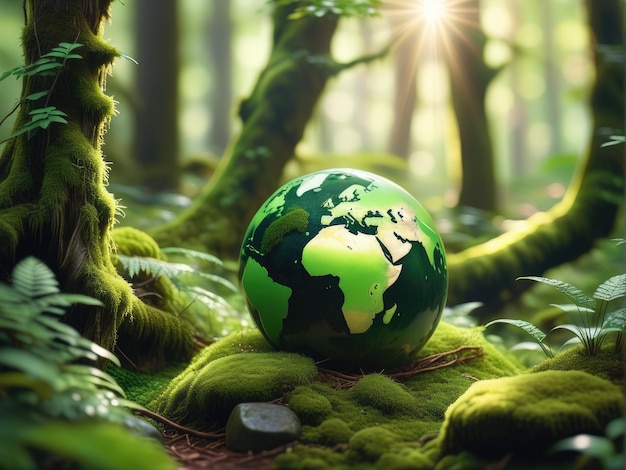 Green globe in forest with moss and defocused abstract sunlight