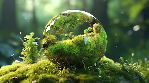 Green Globe On Moss Environmental Concept Generative AI