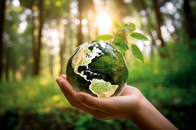 Photo green globe on one hand forest on the background