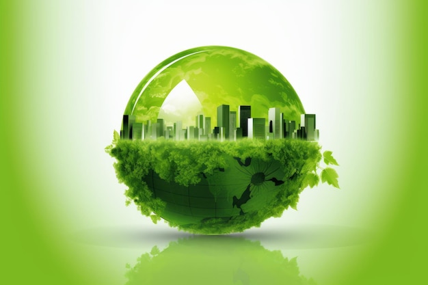 Green globe with a city on it and the word green on it