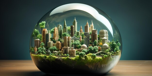 A green globe with a city on top of it