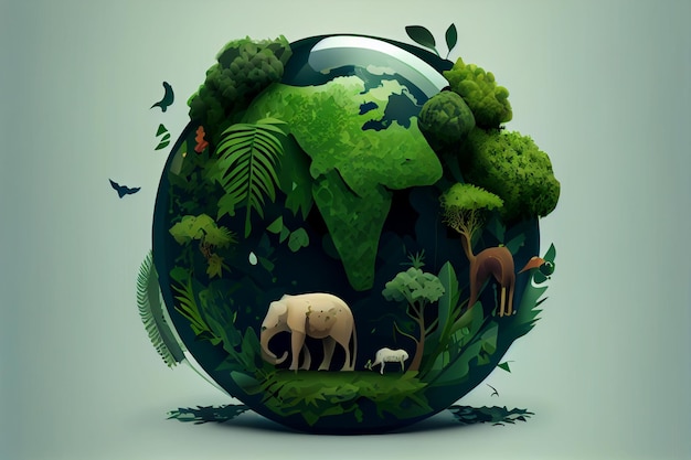 Зеленый шар со слоном, слон и дерево с листьями.