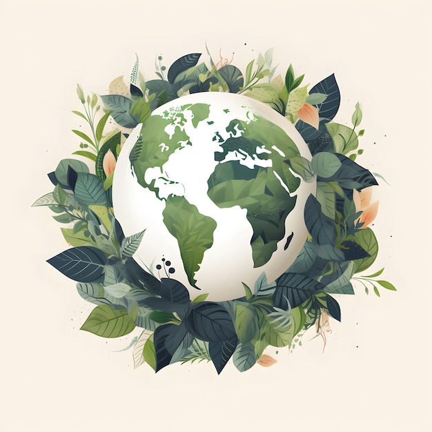 A green globe with leaves around it is surrounded by flowers.