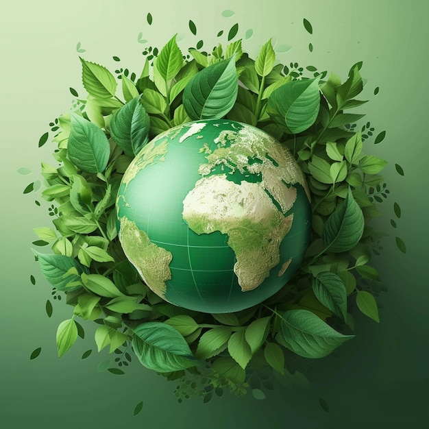 A green globe with leaves surrounding it green word green Earth Day