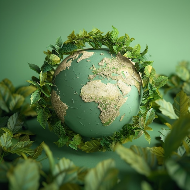A green globe with leaves surrounding it green word green Earth Day