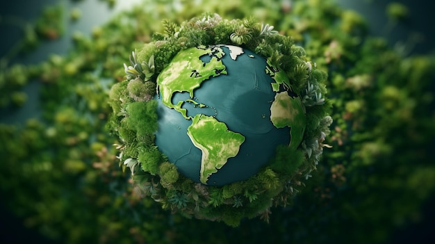 A green globe with trees around it