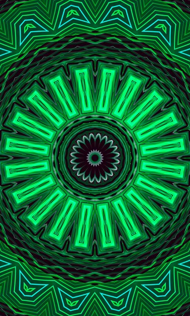 a green glowing floral kaleidoscope pattern background. vertical image.
