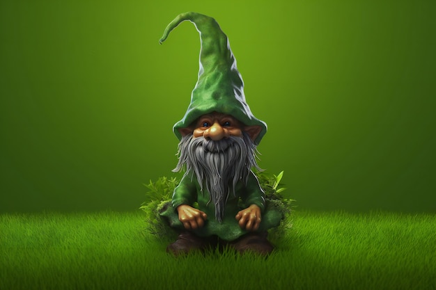 Green gnome sitting on the green grass and looking at the camera