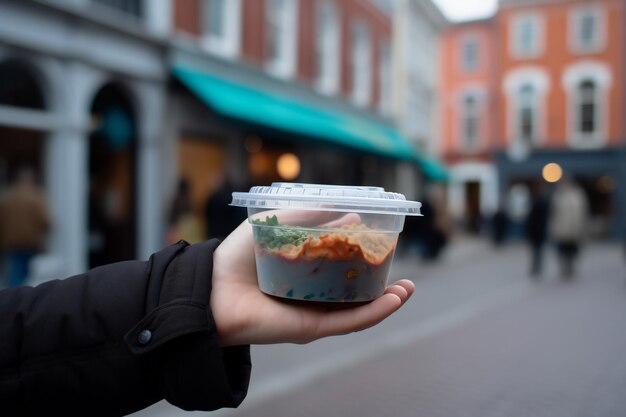 Photo green to go reusable container in hand