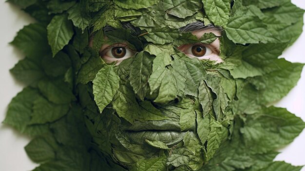 Green Goddess close-up portret van een vrouw bedekt met bladeren voor milieu- en natuurthema-projecten